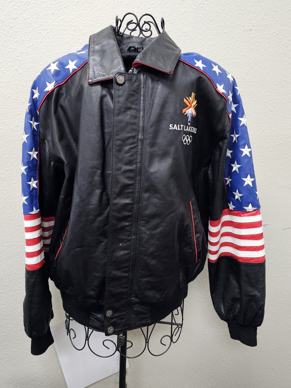 USA Olympics Salt Lake 2002 Black Leather Bomber Jacket